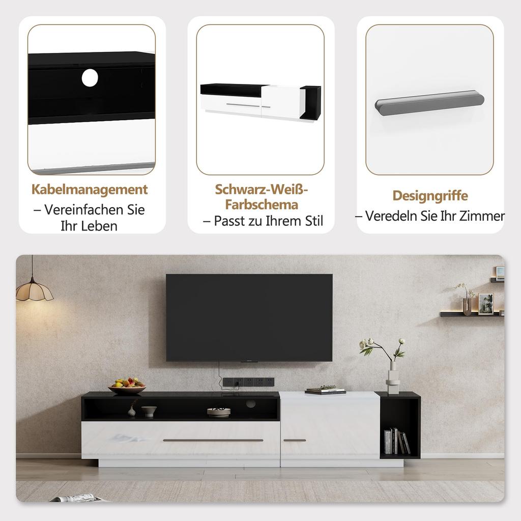 High Gloss, TV Board Lowboard Drawer, Door Open Compartment, Elegant TV Stand Television Up To 70 Inches, Dining Room, 170cm, White & Black