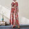 Spring Floral Print Round Neck Retro Loose Long Dress Green Blue Long Sleeve Cotton Linen Dress Women's Clothing