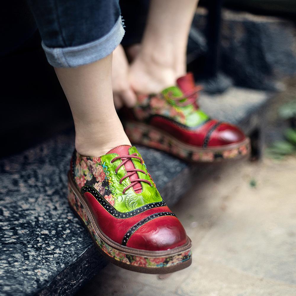 Johnature Туфли из натуральной кожи, женская обувь ручной работы на платформе, удобные лоферы контрастного цвета с цветочным принтом в стиле ретро