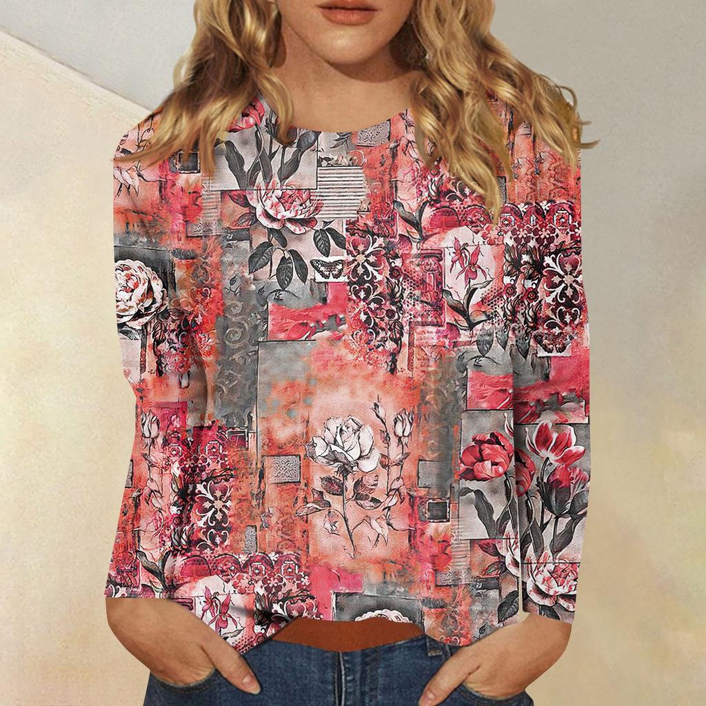 Женская модная повседневная футболка с круглым вырезом и длинным рукавом с принтом, топ