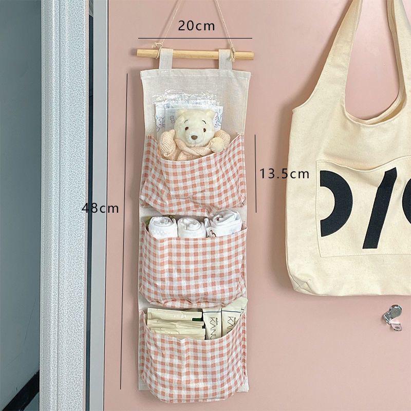 Grid Pattern Cotton Linen Three-Pocket Hanging Storage Bag