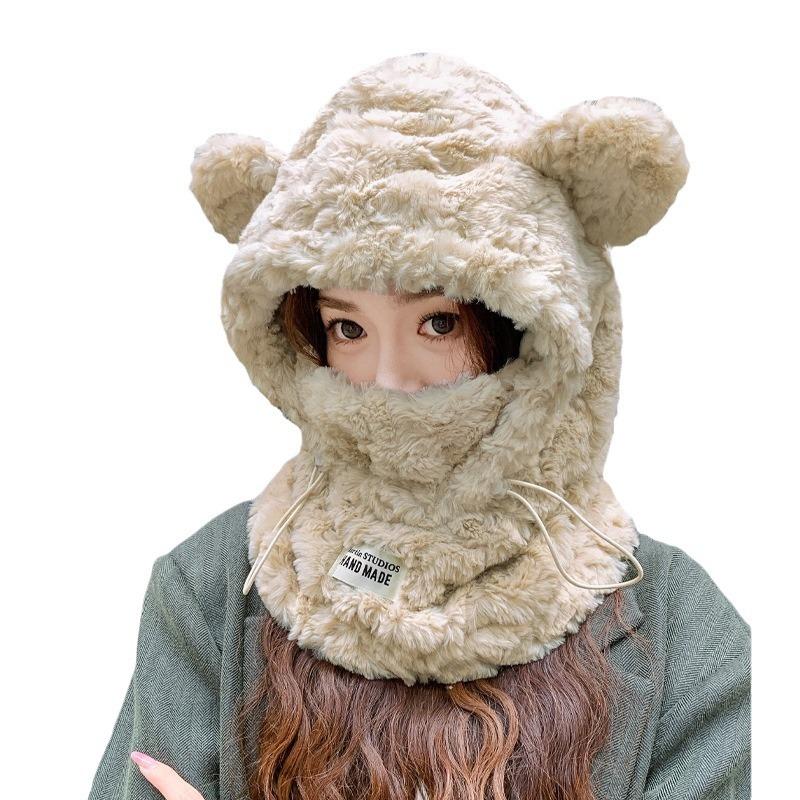 Милая утолщенная плюшевая шапка-шарф с медведем, интегрированная зимняя теплая холодная велосипедная шапка-ушанка Tide
