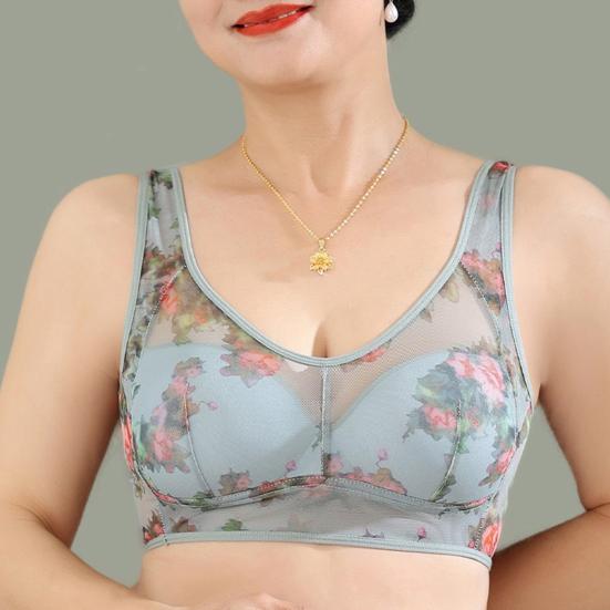 Женский бюстгальтер среднего возраста, бесшовный тонкий ледяной шелк, охлаждающий цветочный принт, беспроводной, не зацепляющийся, пуш-ап, бюстгальтер для повседневного ношения для мам