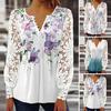 Ladies Summer Shirt V-neck Floral Print Button Lace Stitching Long Sleeve Daily Wear Hollow Out See-through Spring Summer T-shirt Women Clothing