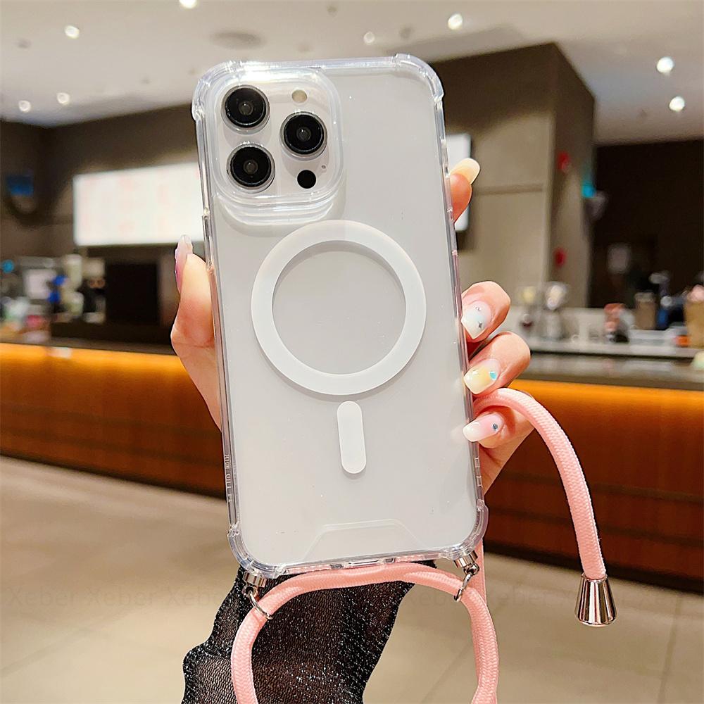 Ремешок через плечо для Magsafe, магнитный чехол с беспроводной зарядкой для iPhone 11 12 13 14 15 Pro Max X XR XS 7 8 Plus SE, прозрачный чехол