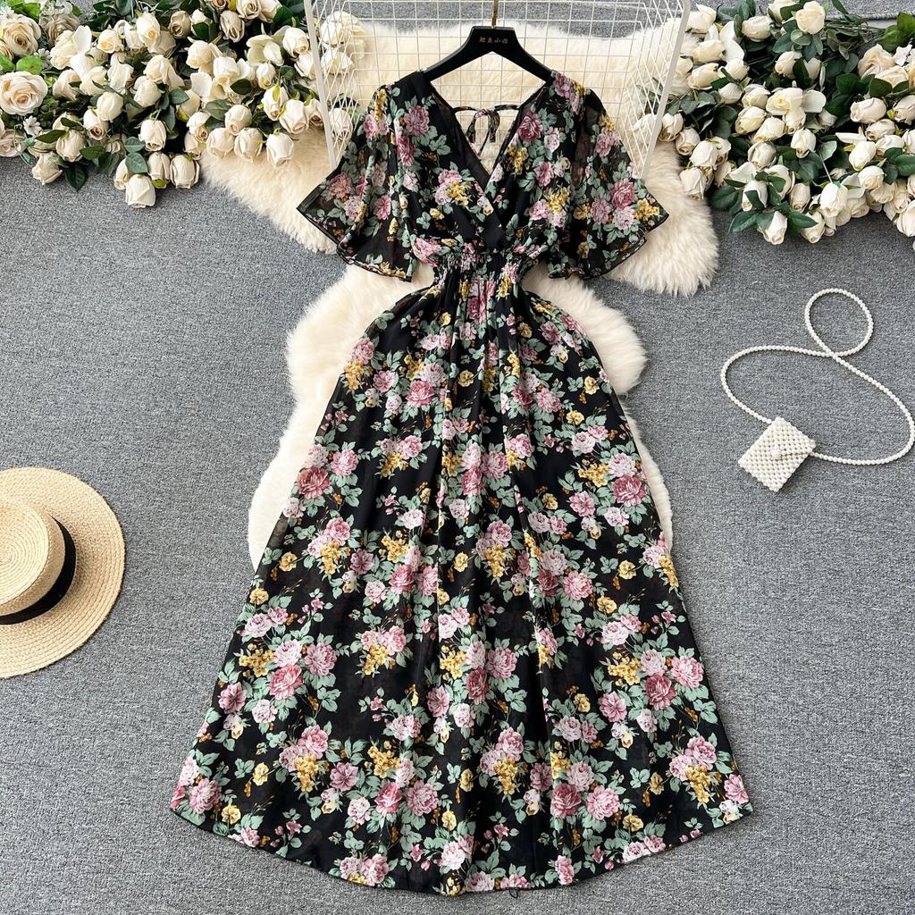 Морское праздничное шифоновое платье с принтом, женское летнее новое обтягивающее талии с v-образным вырезом средней длины, большая распашная юбка, модная