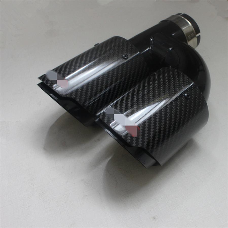 Universal Pair Left + Right Glossy 100% Real Carbon Fiber 63mm In 89mm Out Car SUV Dual Pipe Exhaust Pipe Tail Muffler Tip Full Black