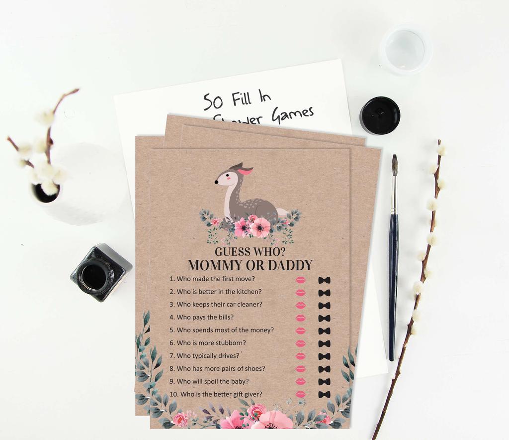 Inkdotpot Игра «Кто сказал это» «Мама или папа» 50 листов, веселая игра для детского душа, гендерно-нейтральная, с цветами и оленями, деревенская крафт-бумага, принадлежности для вечеринок