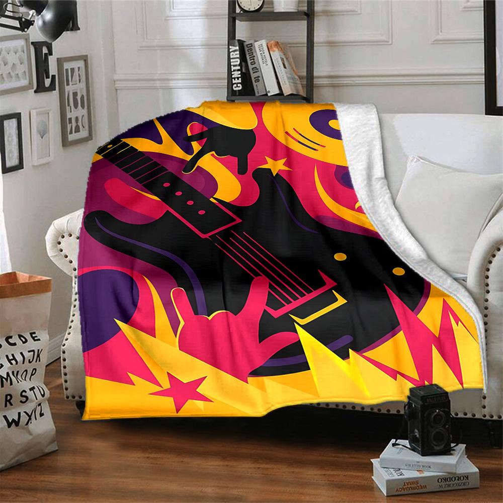 1pc Guitar Music Print Blanket - Lightweight Flannel Throw Blanket For Sofa, Bed, Living Room, Office, Outdoor Travel, Camping, Soft All-Season074