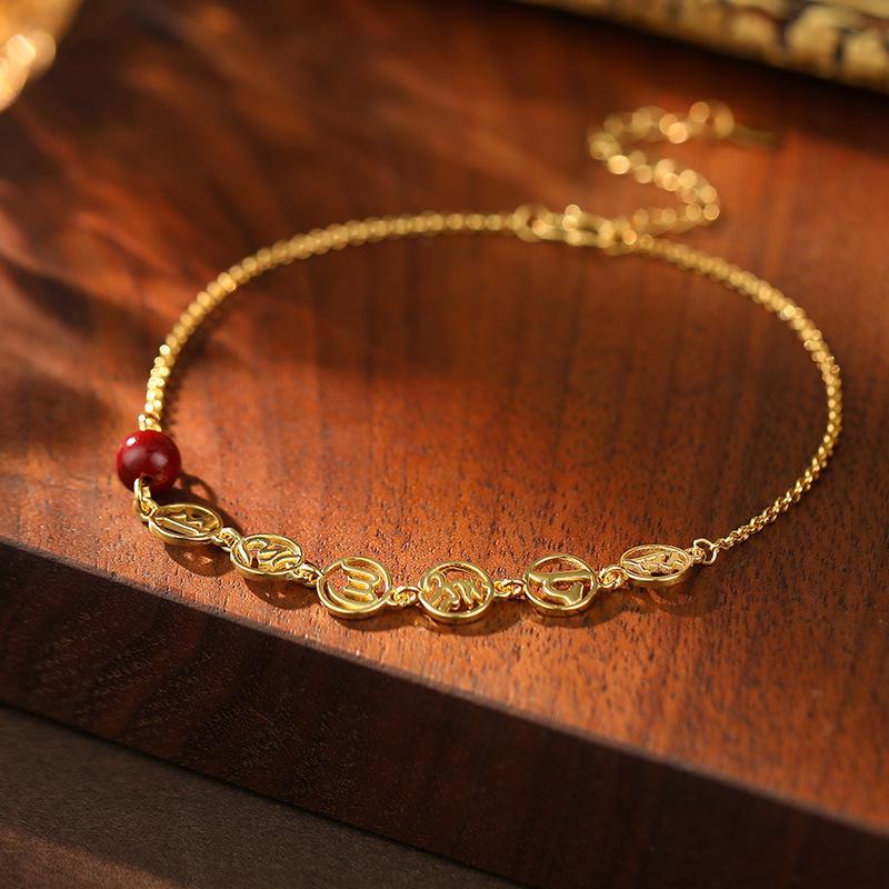 Браслет на лодыжку Banyan Tree S925 Silver Cinnabar с мантрой из шести слов - Женские буддийские украшения в стиле ретро с символом мира