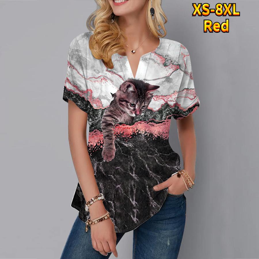 A T Women Summer Shirt Lovely Cat Print Short Sleeve Tees Casual Tops Small Vneck Short Sleeves