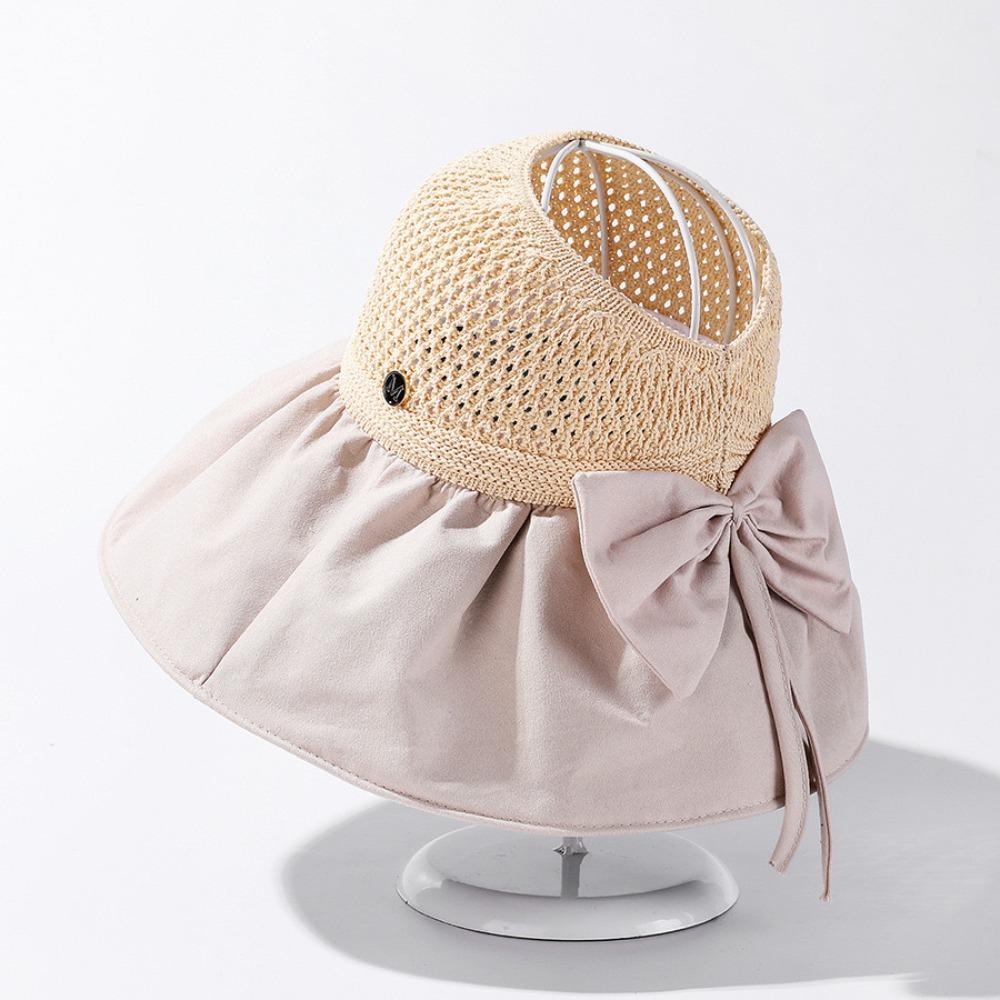 Bow Wide Brim Bucket Hat Sunscreen Vinyl Sun Hats Simple Woven Empty Top Cap Summer