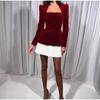 Fashion Long Sleeve Velvet Dress Contrasting Pleated Hem Women Sexy Square Neck Slim Fit Vestidos Elegant Luxury Style New Spring Autumn