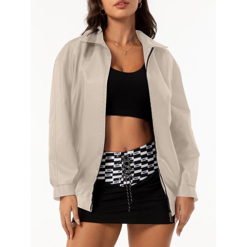 Womens Oversized Faux Leather Jacket Loose Fit Long Sleeve Turn Down Collar Fall Casual Outerwear