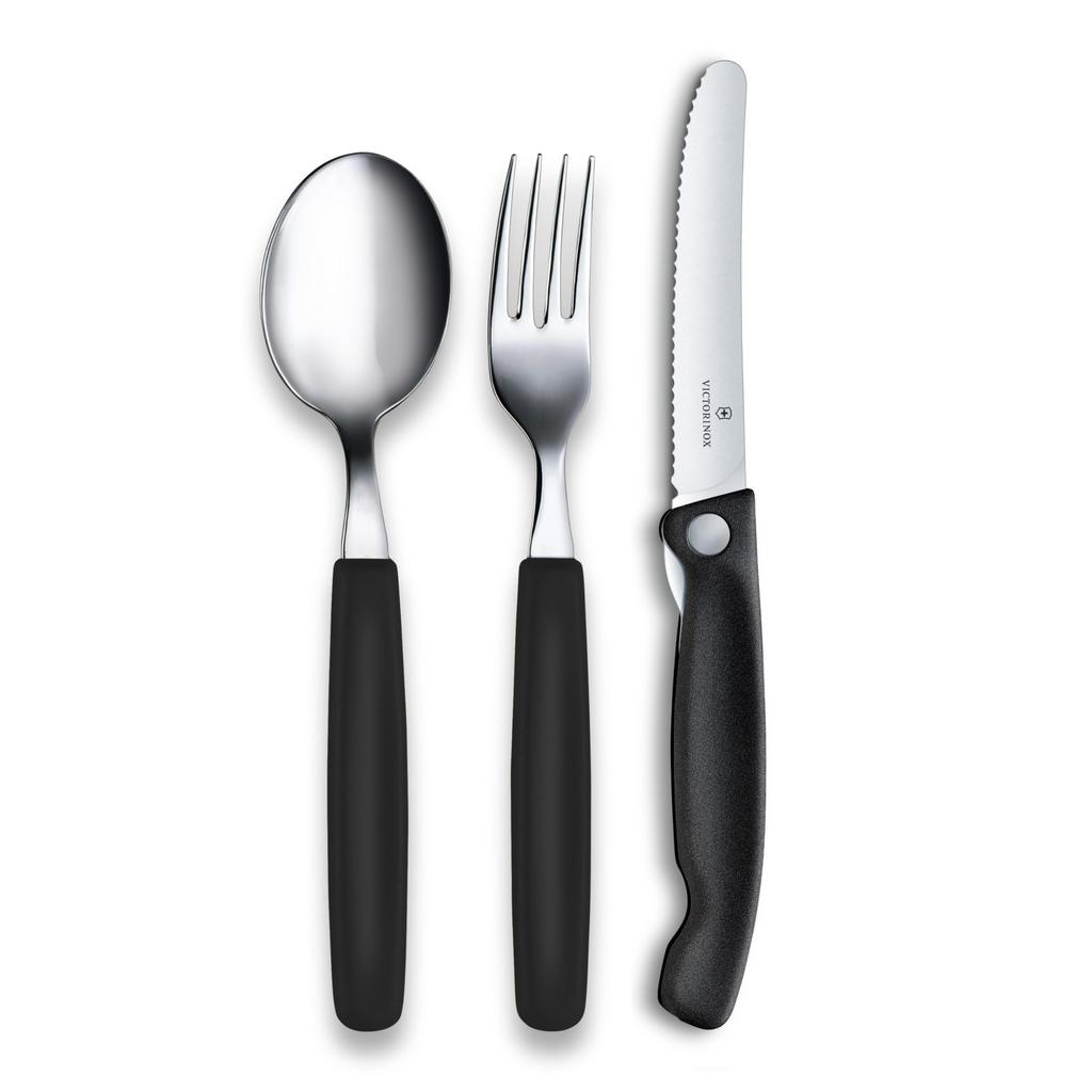 Victorinox Swiss Outdoor Cutlery Set of 3, Folding Serrated Knife, Fork & Spoon with Storage Case, Dishwasher Safe, Camping
