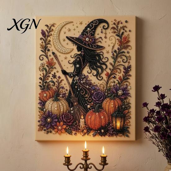 Handmade Gift for Craft Enthusiasts 2Pcs Halloween Faux Pearl Art, Ghost Pumpkin Witch Crow Painting DIY Sparkling Bead Set Kit, 3D Skull