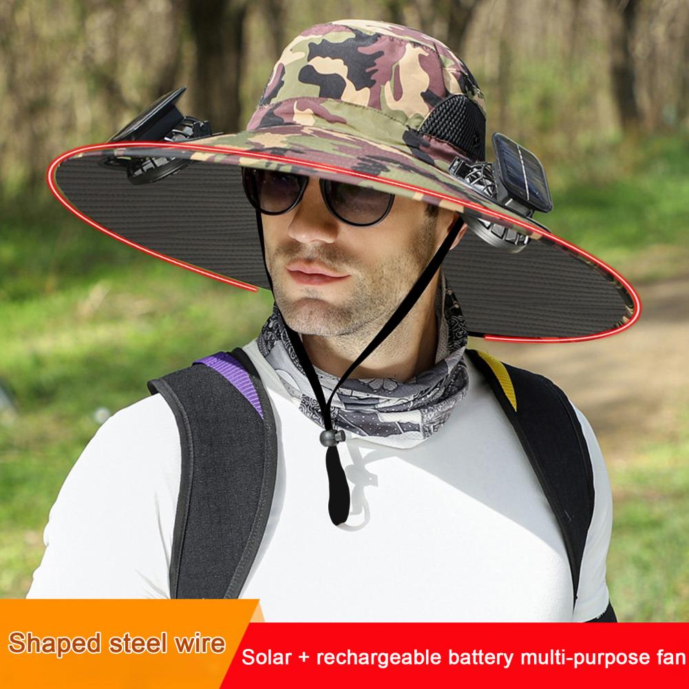 Men Fisherman Hat with Dual Solar Fan Large Brim Windproof Strap USB Charging Anti UV Sunlight Quick Dry Great Breath