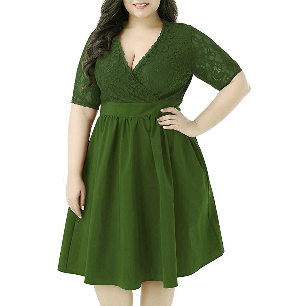Women Plus Size V-neck Short Sleeve Sexy Lace Stitching Waist Evening Dress