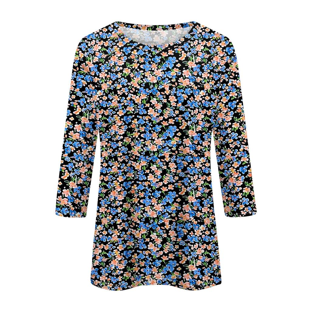 Women's Fashion Casual Three-quarter Sleeve Vintage Floral Print Round Neck Top