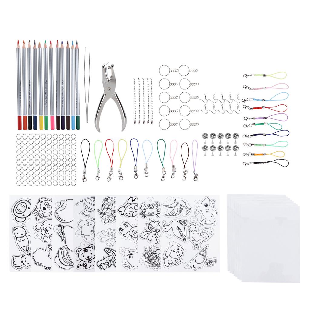 Heat Shrink Sheet Set Complete Shrink Plastic Sheet Kit with Colored Pencils for Key Chains Jewelry Toys Making Gift