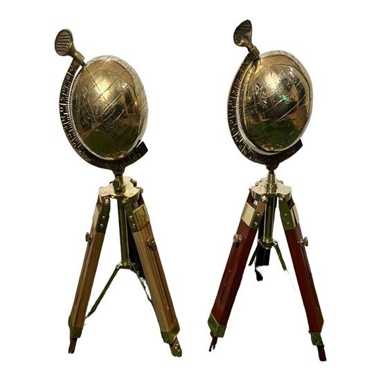 Set of 2 Globes with Wooden Stand, Brass Navigation Table,