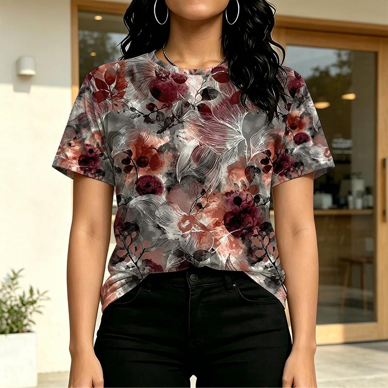 Women's Floral Crew Neck Short Sleeve T-Shirt Korean Style Basic Tee,Soft Fabric,Versatile for Daily Casual & Short Trips