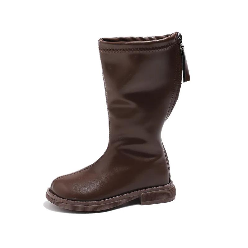 2024 Детские высокие сапоги для девочек, зимние новые модные британские ботинки с мягкой подошвой, нескользящие, универсальные, сохраняющие тепло кожаные туфли