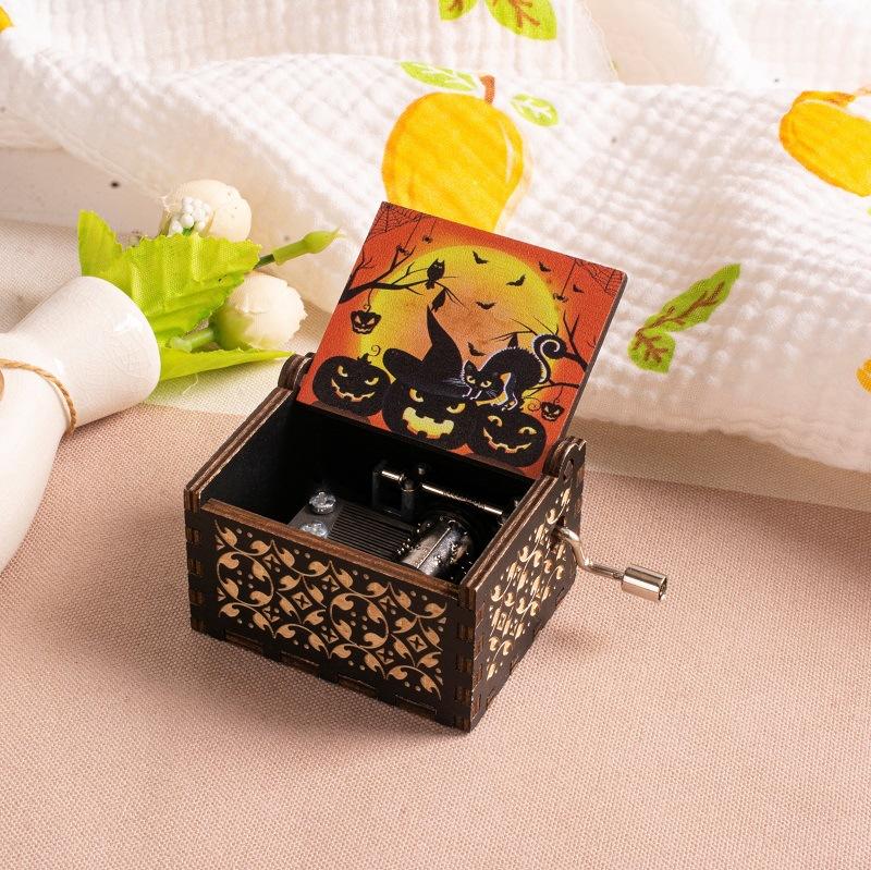 Wooden Hand-cranked Music Box, Halloween Gift, Painted Octagonal Music Box, Carved Small Gift, Decorative Piece