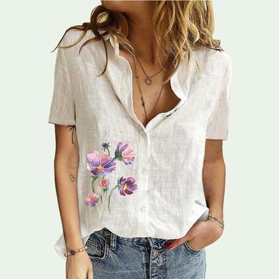 Женская модная футболка с воротником с лацканами, летняя и осенняя повседневная футболка с коротким рукавом и принтом, женская блузка с принтом, хлопково-льняная футболка-кардиган