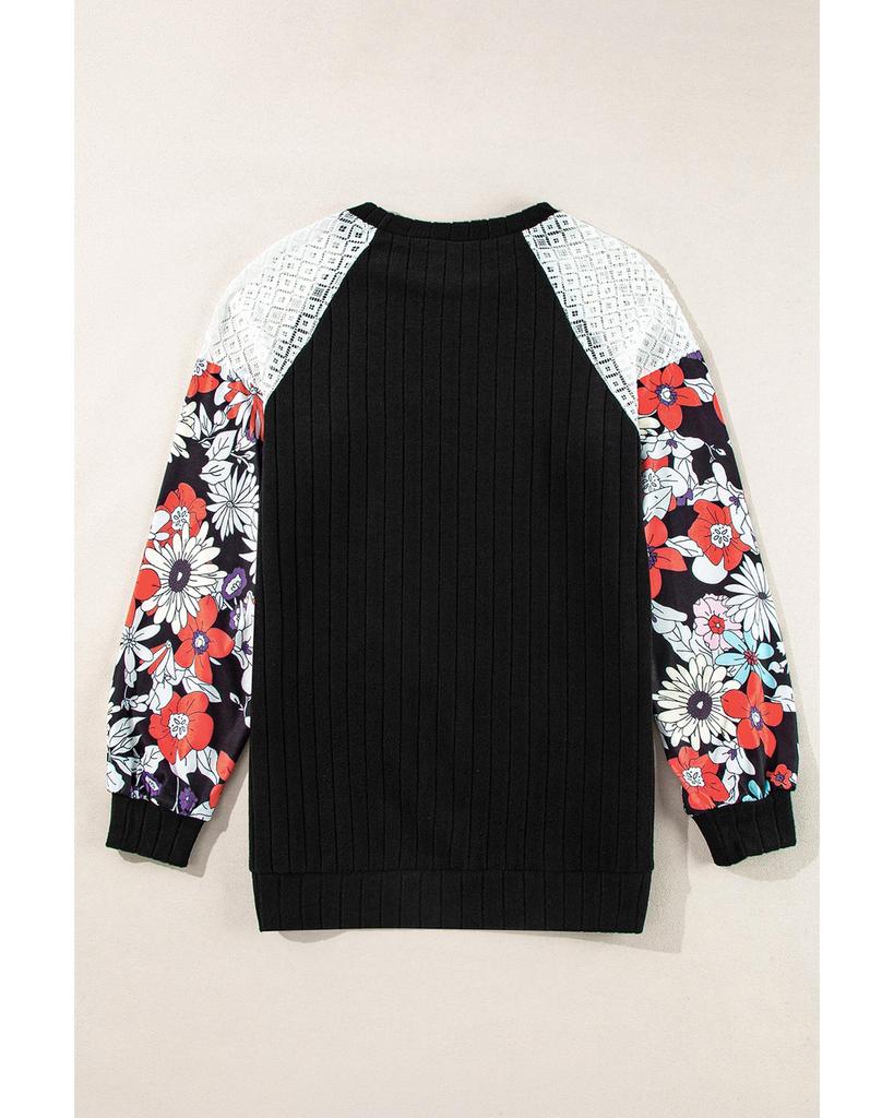 Azura Exchange Черная блузка с длинными рукавами в рубчик с цветочным принтом и лоскутным узором