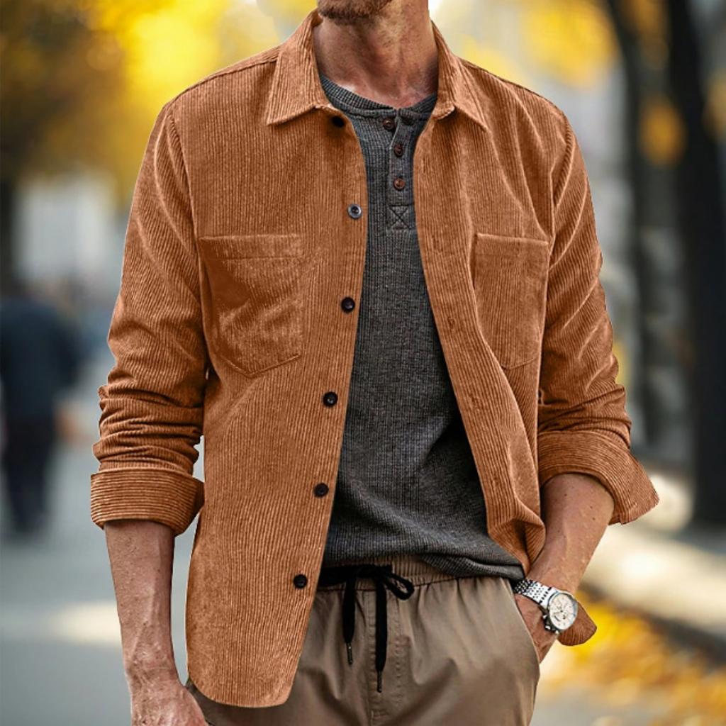 Men's Casual -color Corduroy Button Shirt, Men's Lapel Long-sleeved Trendy Loose Shirt