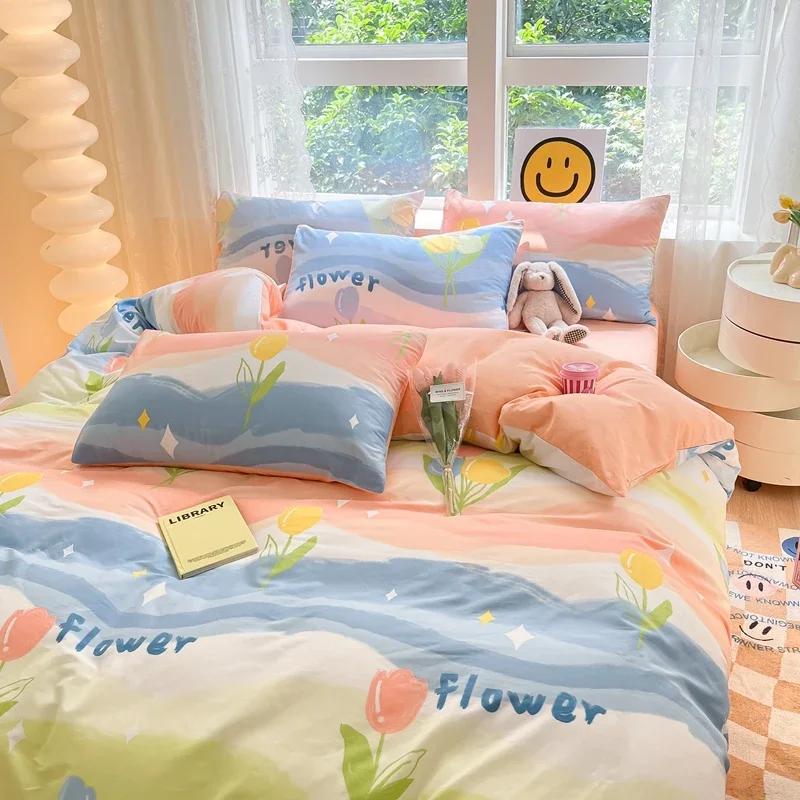 Комплект постельного белья из 3 предметов с цветными цветами в мультяшном стиле из 100% хлопка, мягкий и приятный на ощупь, с 2 наволочками
