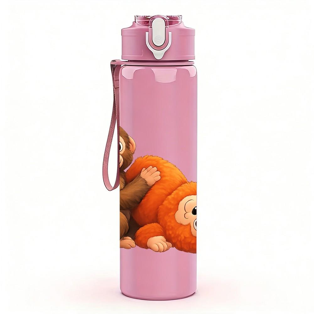 1PC Two Monkeys Hugging Cute 750ml Color Plastic Sports Water Bottle Leakproof Flip Straw Lid Suitable for Sports Office Home Use