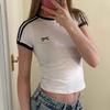 Contrast Embroidered Bow Crop Top Women Casual Striped Print Short Sleeve Slim White T Shirts Casual Streetwear Y2k Tees