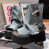 2025 New Denim Rivet Open-toed Roman Cool Boots Thick-soled Muffin Trousers Boots Thin Boots Small Women's Shoes