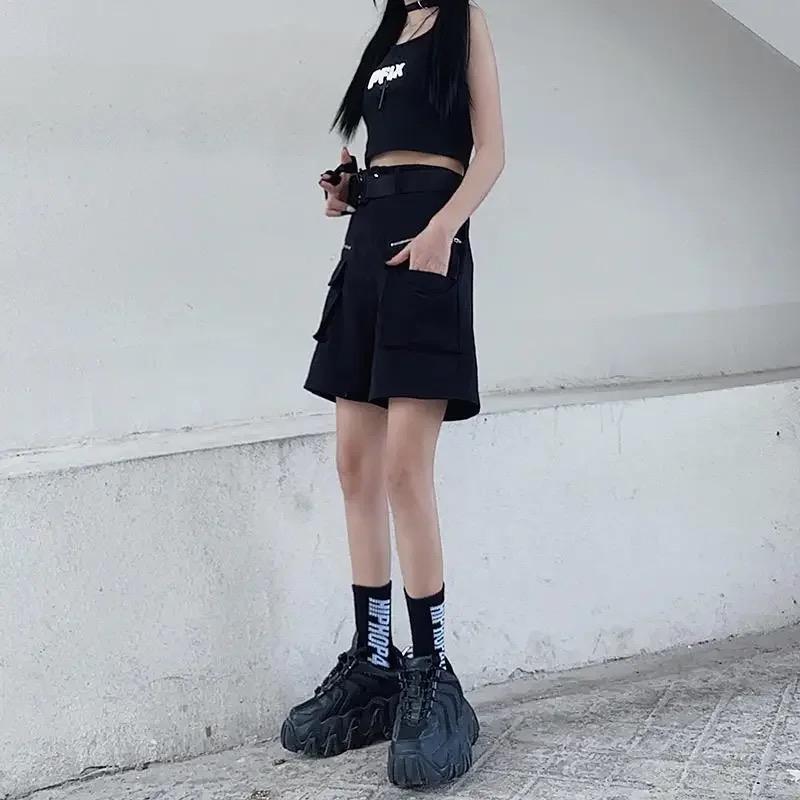 Techwear Готические черные брюки-карго Женская уличная одежда с вырезами в стиле панк Широкие брюки с карманами большого размера для женщин Хип-хоп