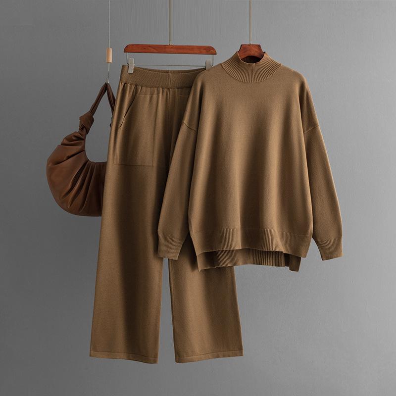 GMXIA Solid-color Knitted Semi-high Neck Slit Sweater Set for Women's Autumn and Winter Fashionable Casual Sweater Two-piece Set