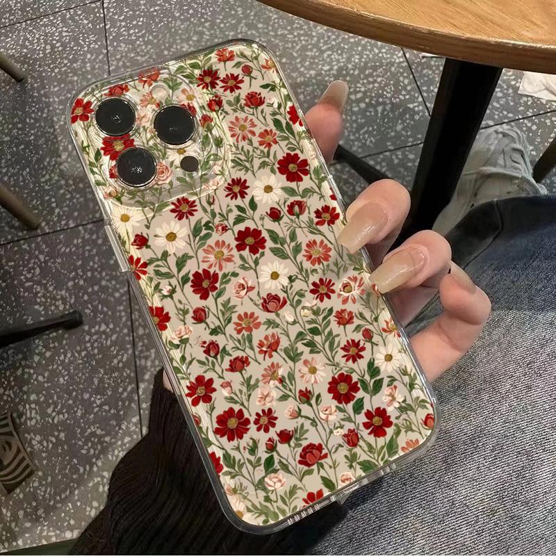 Прозрачный Минимализм Красный Цветочный Узор Чехол Для Телефона Для IPhone 17e 16 17 16e 15 14 13 12 11 Pro Max Plus Мягкий Гибкий Прочный Чехол