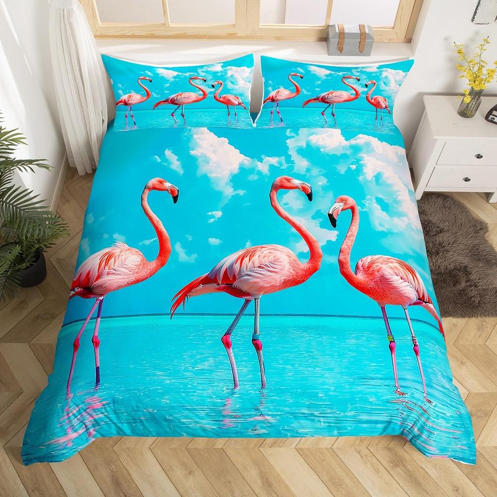 Chic Flamingo Duvet Cover Queen Beach Theme Tropical Animal Bedding Set, Coastal Sunset Comforter Cover Cute Wildlife Bed Set