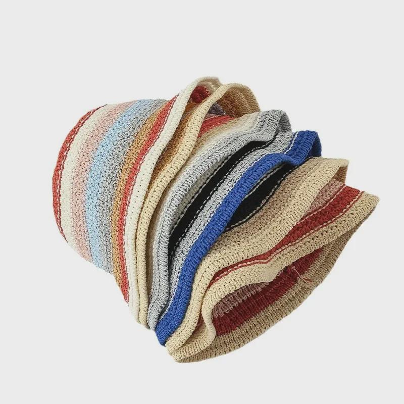 Women's Rainbow Knitted Fisherman Hat - Sun Protection Summer Straw Hat