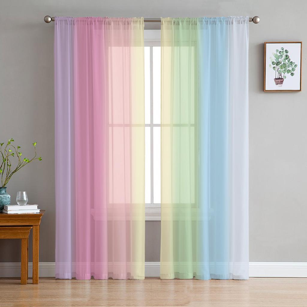 Candy Rainbow Stripes Sheer Voile Curtains for Living Room Printed Tulle Window Curtain Luxury Home Balcony Decor Drapes
