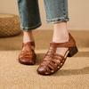 Handmade Low Heel Gladiator Sandals Women Hollow Out Genuine Leather Shoes Elderly Woman Breathable T Strap Closed Toe Sandal