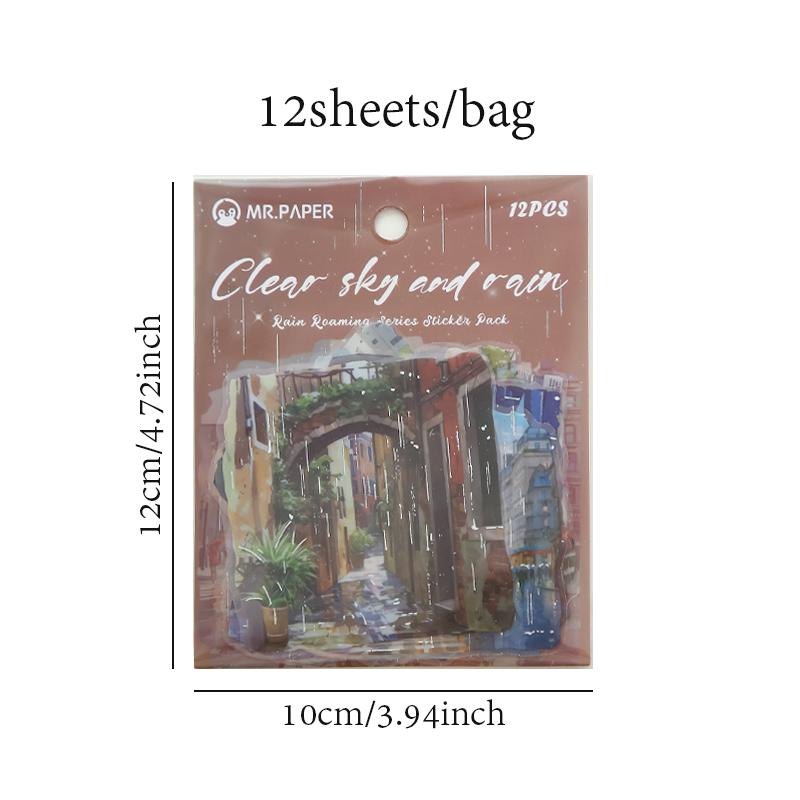 12 шт./пакет Набор ПЭТ-наклеек Романтичный Дождливый Сезон Вид из Окна Ночной Пейзаж Узор Атмосферные Наклейки DIY Конверт Подарок Декор