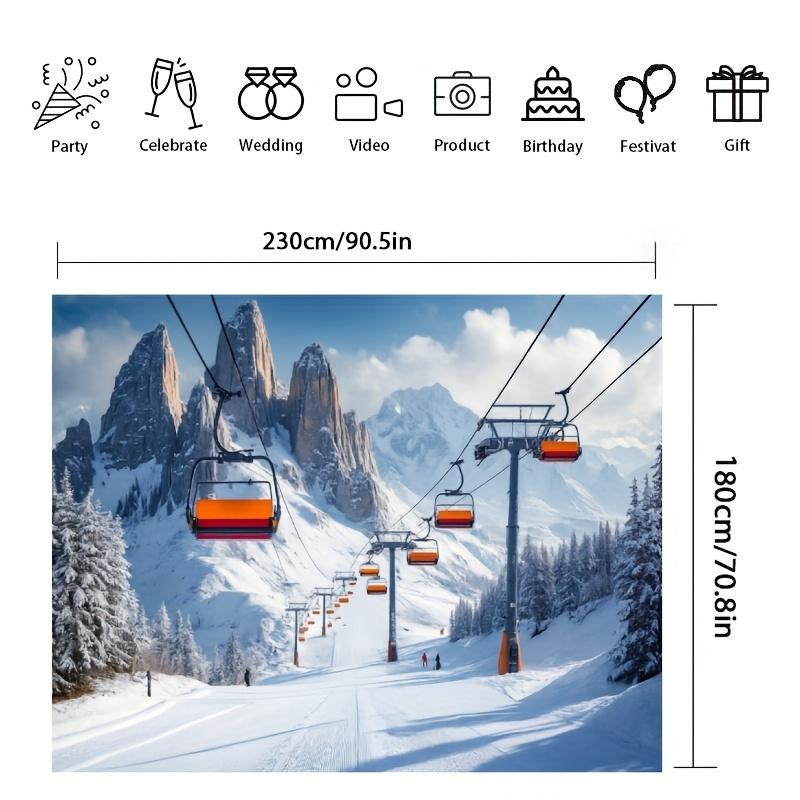 One-person winter ski resort party banner - alpine landscape background, snow slopes, ski lifts and orange cabins