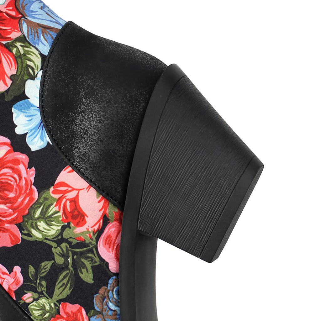 Новые ковбойские западные ботинки 2024 года женские ботильоны с заклепками на массивном каблуке обувь ретро пэчворк принт цветочная ПУ обувь