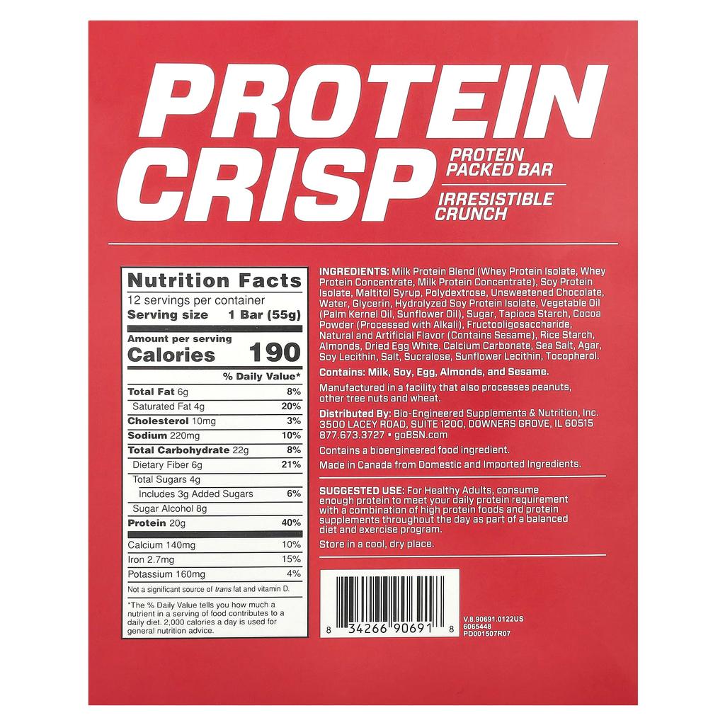 BSN Protein Crisp, Chocolate Crunch Flavor, 12 Bars, 57 G (2.01 Oz) Each
