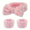 3 Pcs/set Fluffy Hairband Wristband, Solid Color Elastic Absorbent Bow Decor Headband Wristband For Washing Face & Makeup