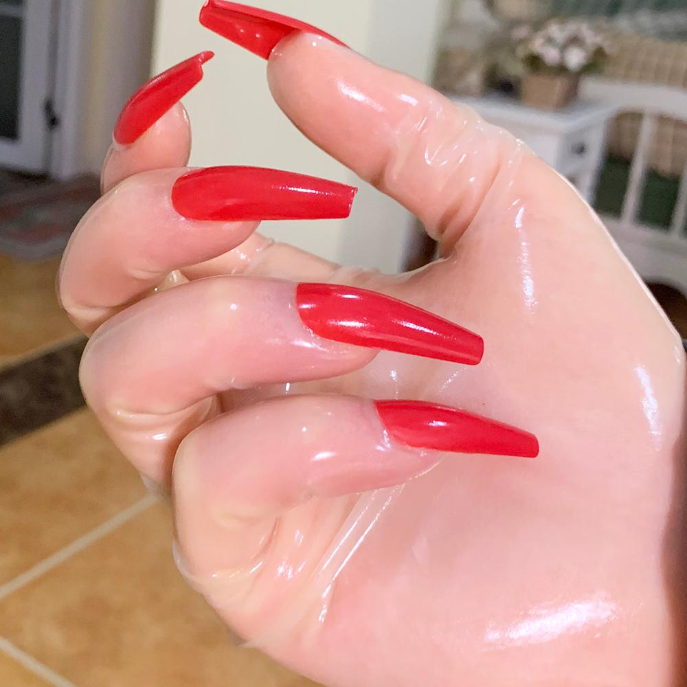 Трансвестит между мужчинами и женщинами, масляные блестящие прозрачные супертонкие латексные длинные красные плоские ногти Zentai, прозрачные перчатки для косплея кигуруми