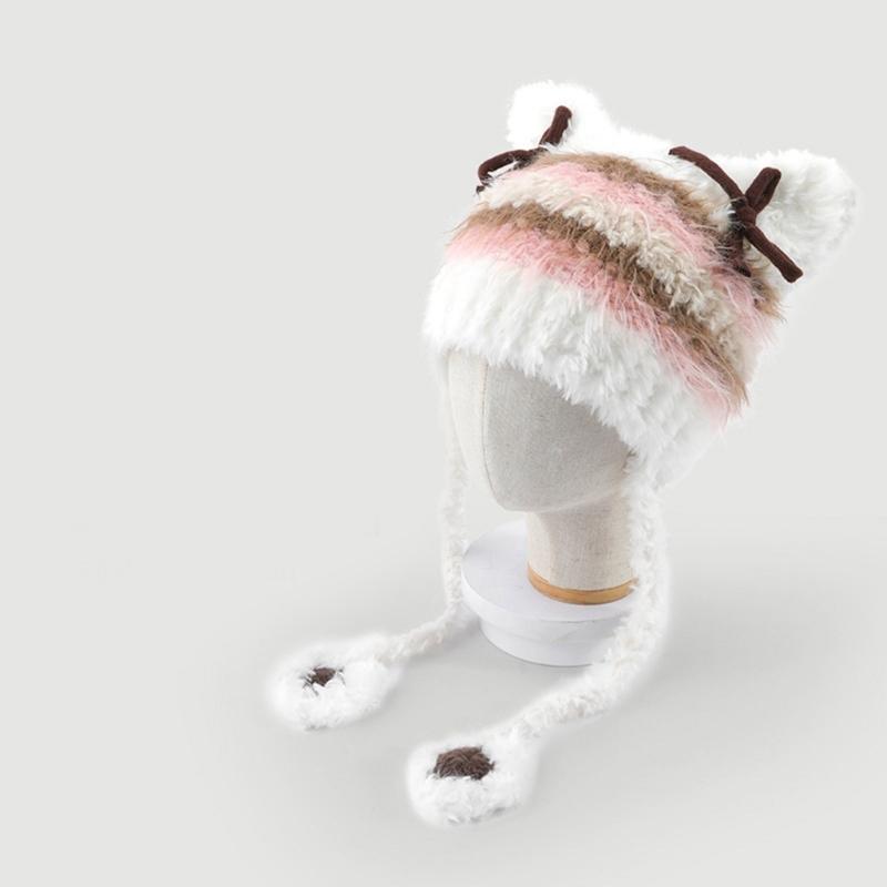 Furry Cartoon Head Cover with Ear for Outdoor Sports Striped Hat with Ear Oversized Headgear Hat for Winter
