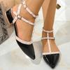 Fashion Studded Wrapped Toe Sandals Autumn New Pointed Toe Light Mouth Pearl Color Block One Strap Block Heel Shoes